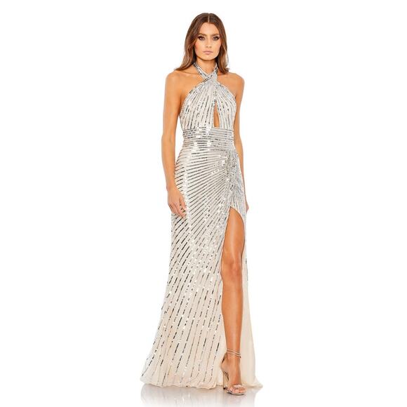 Mac Duggal Dresses & Skirts - Mac Duggal Silver Embellished Keyhole Halter Strap Draped Gown Size 10 $498 5650